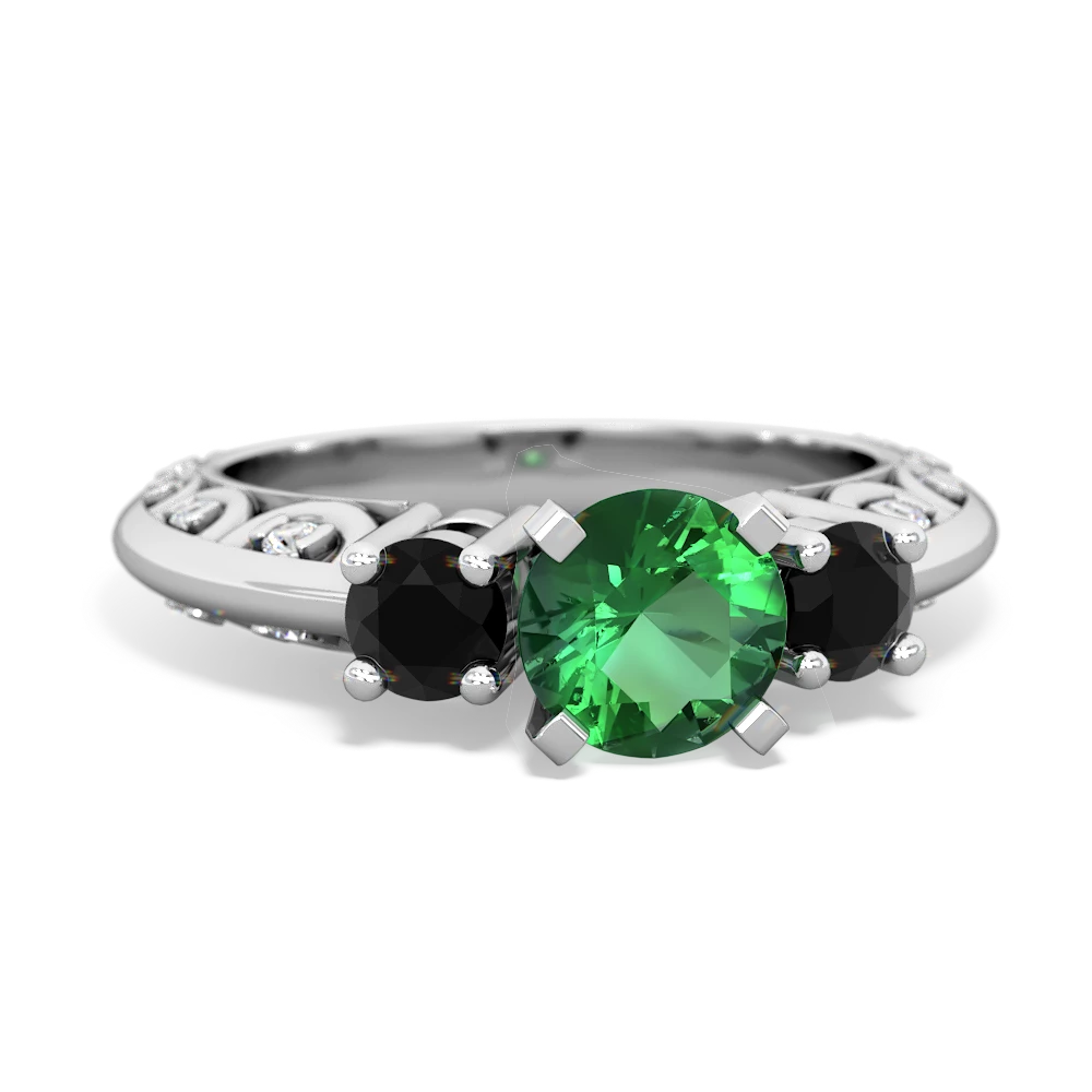 Lab Emerald Art Deco Eternal Embrace Engagement 14K White Gold ring C2003