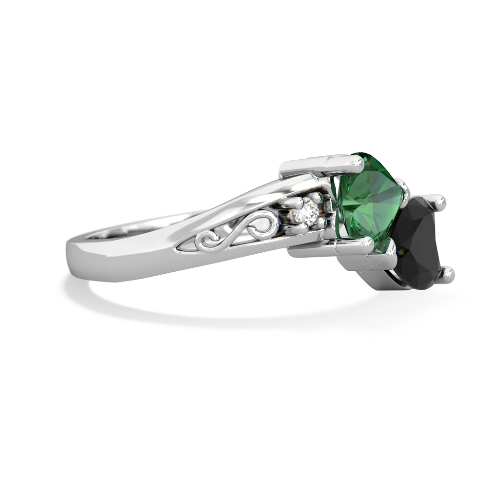 Lab Emerald Snuggling Hearts 14K White Gold ring R2178