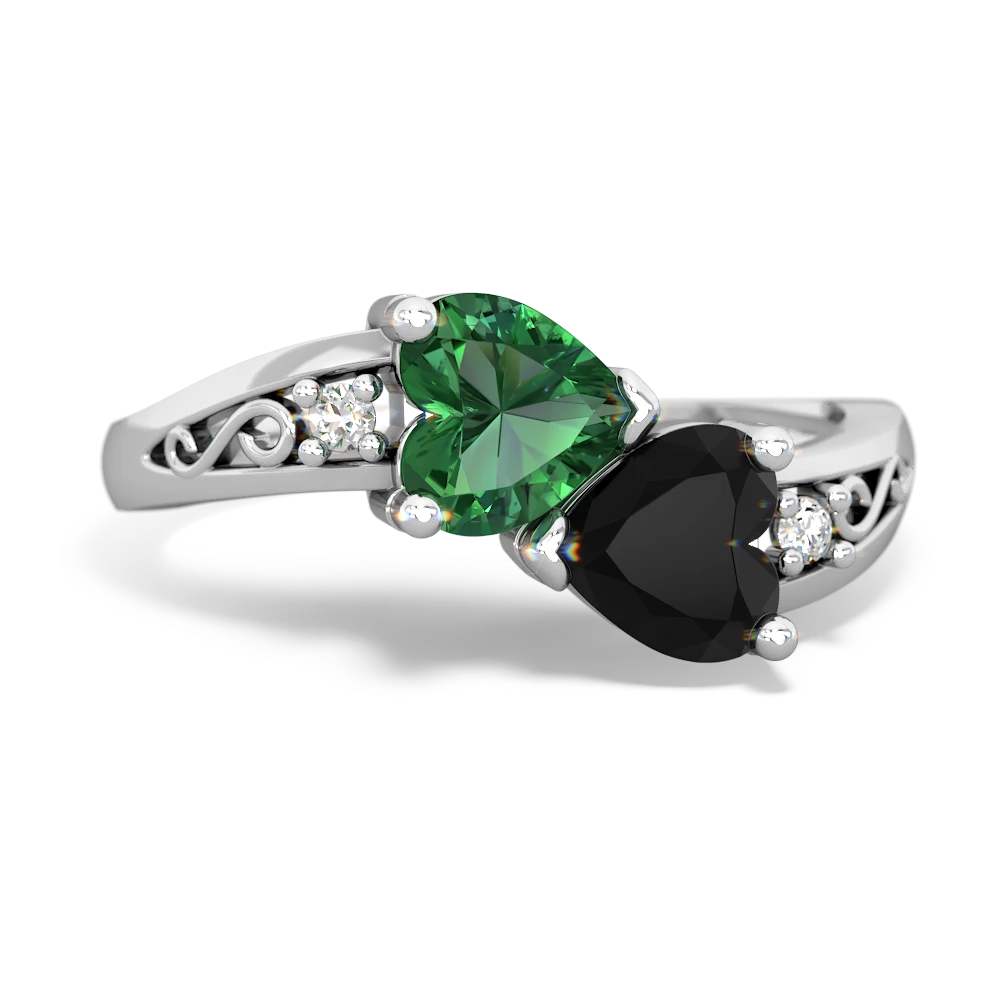 Lab Emerald Snuggling Hearts 14K White Gold ring R2178