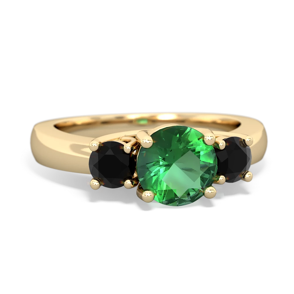 Lab Emerald Three Stone Round Trellis 14K Yellow Gold ring R4018