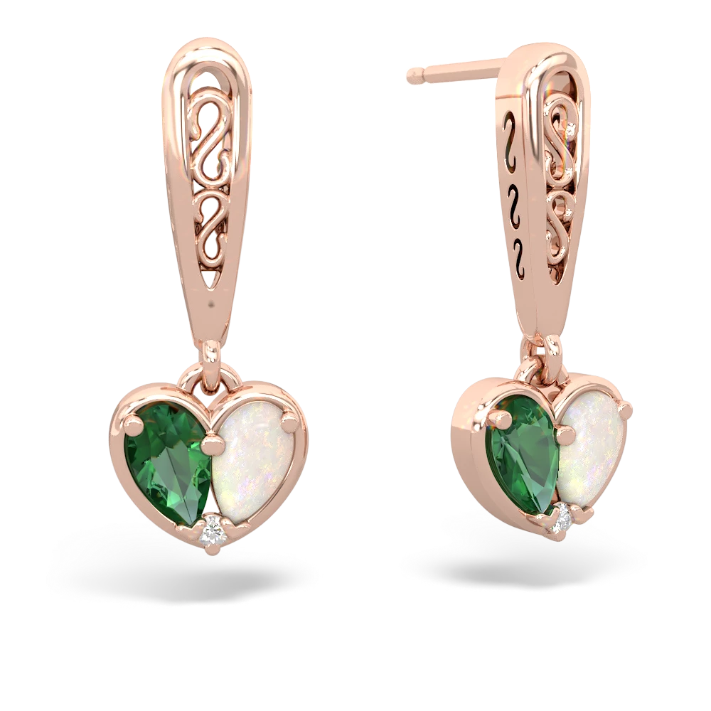 Lab Emerald Filligree Heart 14K Rose Gold earrings E5070