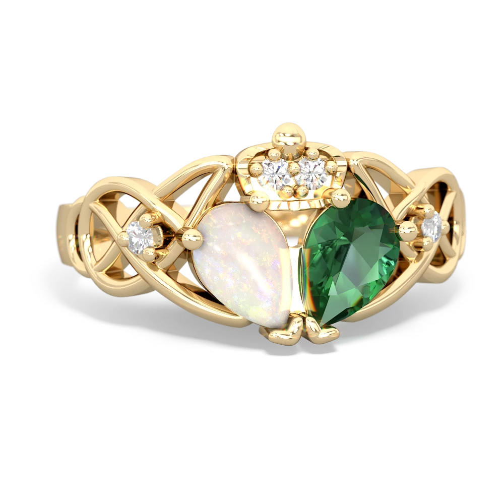 Lab Emerald 'One Heart' Celtic Knot Claddagh 14K Yellow Gold ring R5322