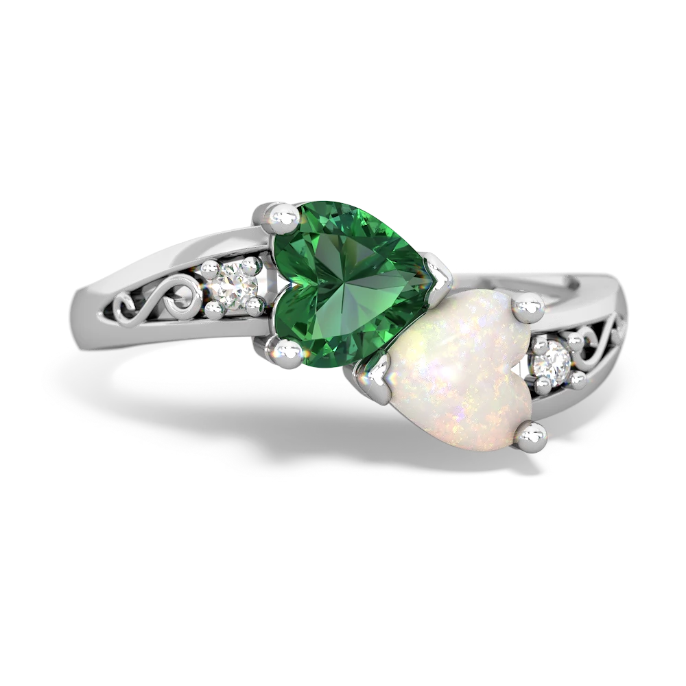 Lab Emerald Snuggling Hearts 14K White Gold ring R2178