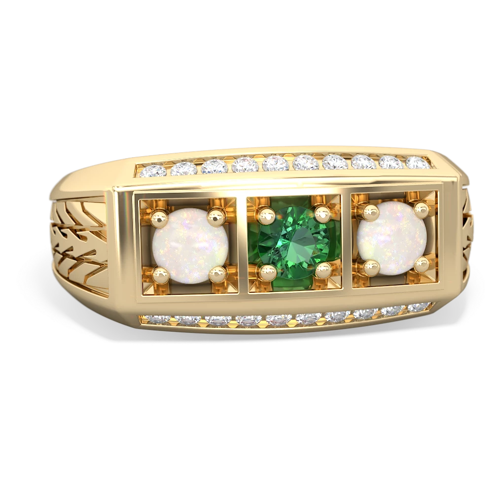 Lab Emerald Three Stone Tire Tread Men's 14K Yellow Gold ring R0520