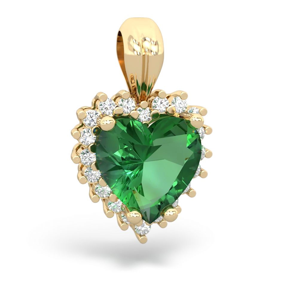 Lab Emerald Sparkling Halo Heart 14K Yellow Gold pendant P0391