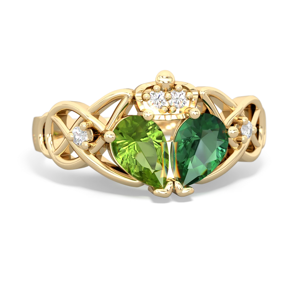 Lab Emerald 'One Heart' Celtic Knot Claddagh 14K Yellow Gold ring R5322