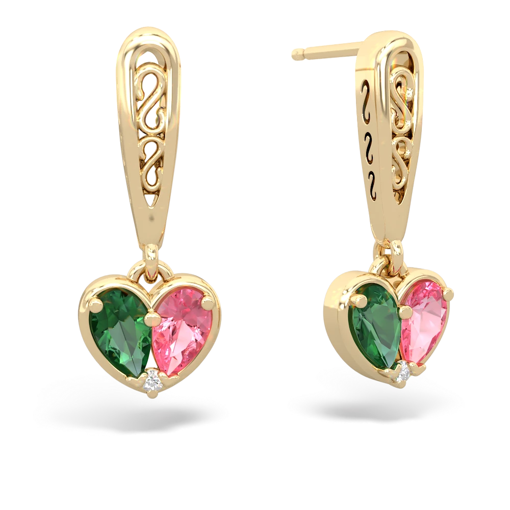 Lab Emerald Filligree Heart 14K Yellow Gold earrings E5070