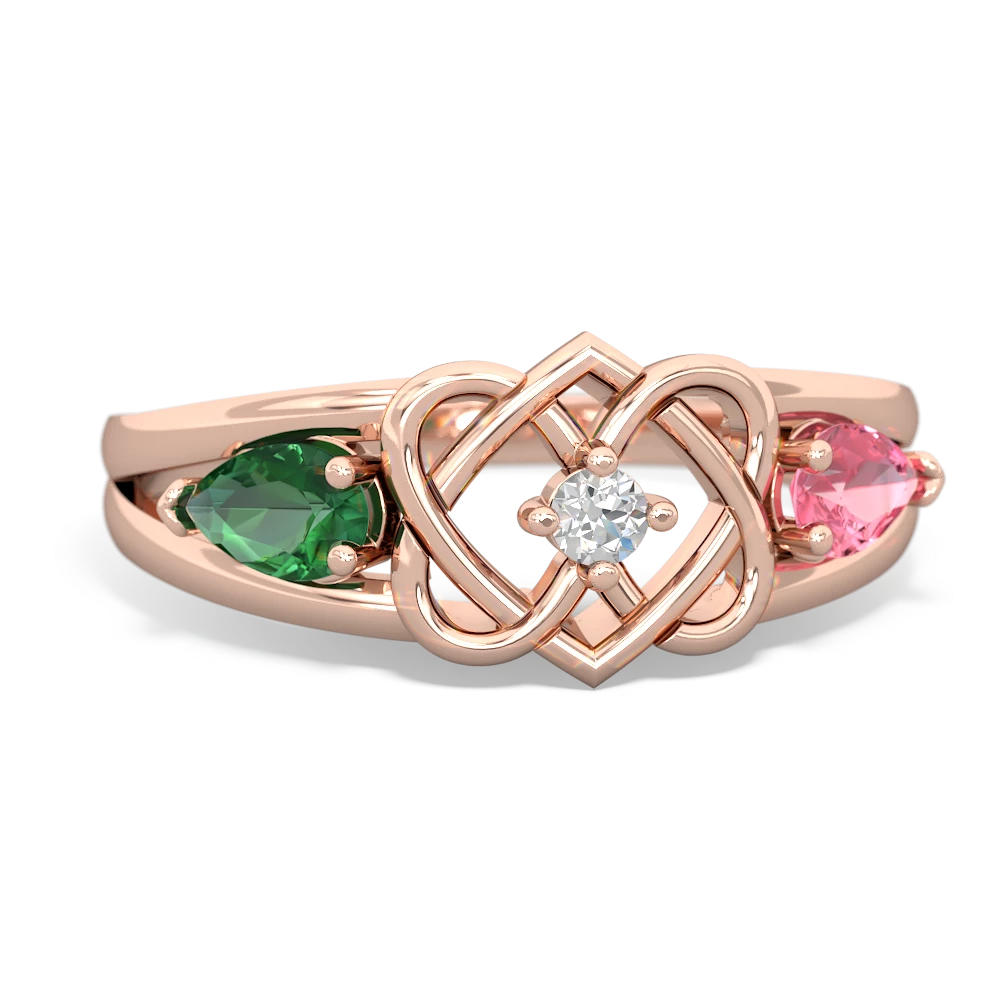 Lab Emerald Hearts Intertwined 14K Rose Gold ring R5880