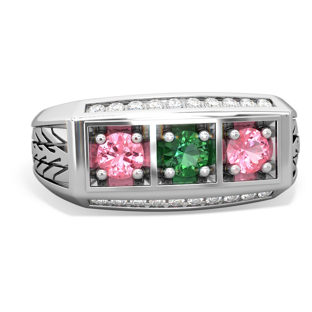 Lab Emerald Three Stone Tire Tread Men's 14K White Gold ring R0520