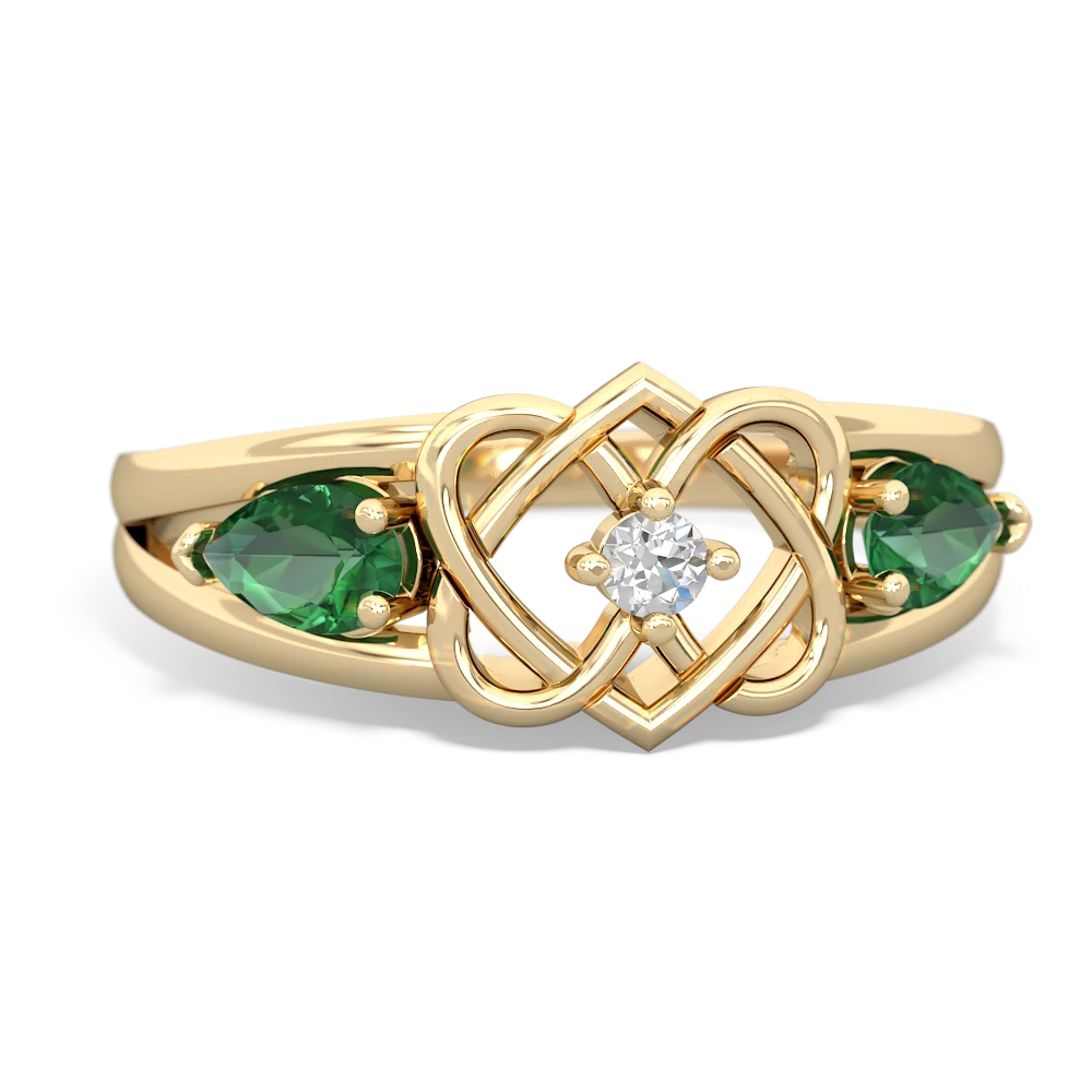 Lab Emerald Hearts Intertwined 14K Yellow Gold ring R5880