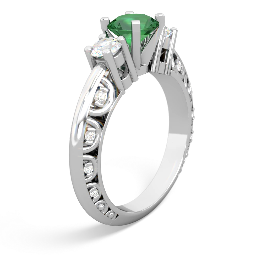 Lab Emerald Art Deco Diamond 6Mm Round Engagment 14K White Gold ring R2003