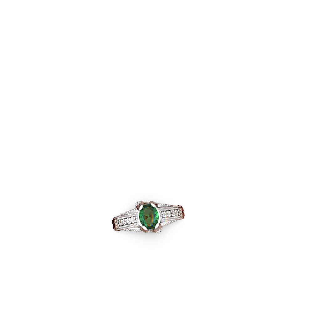 Lab Emerald Antique Style Milgrain Diamond 14K White Gold ring R2028