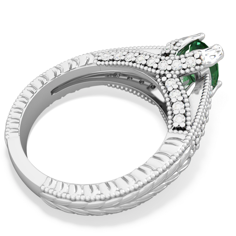 Lab Emerald Antique Style Milgrain Diamond 14K White Gold ring R2028