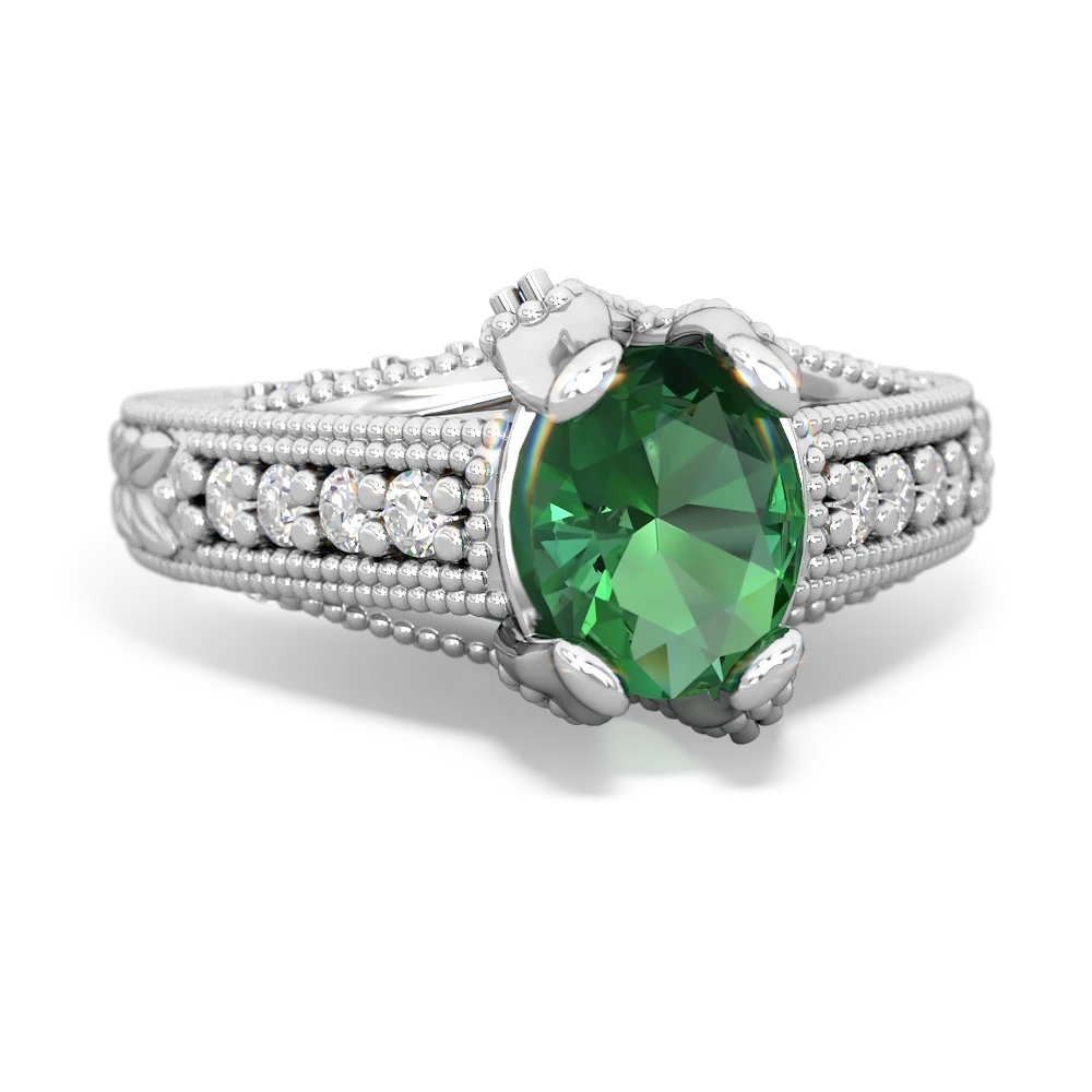 Lab Emerald Antique Style Milgrain Diamond 14K White Gold ring R2028