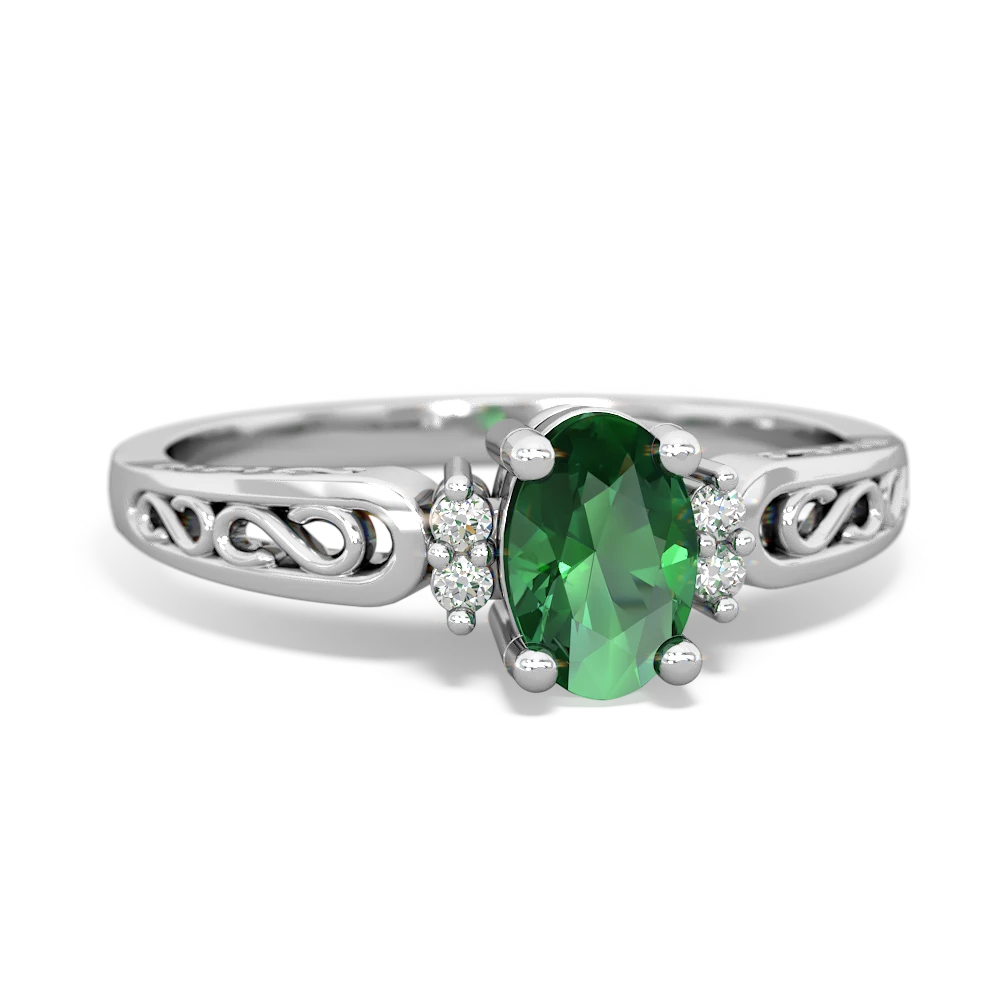 Lab Emerald Filligree Scroll Oval 14K White Gold ring R0812