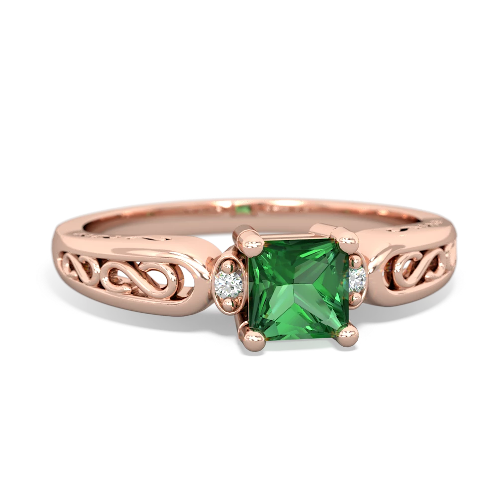 Lab Emerald Filligree Scroll Square 14K Rose Gold ring R2430