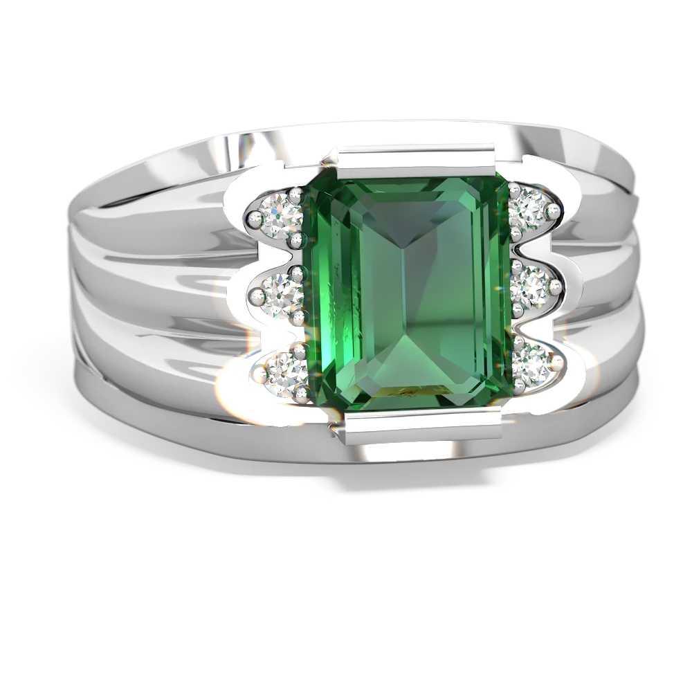 Lab Emerald Men's 9X7mm Emerald-Cut 14K White Gold ring R1835