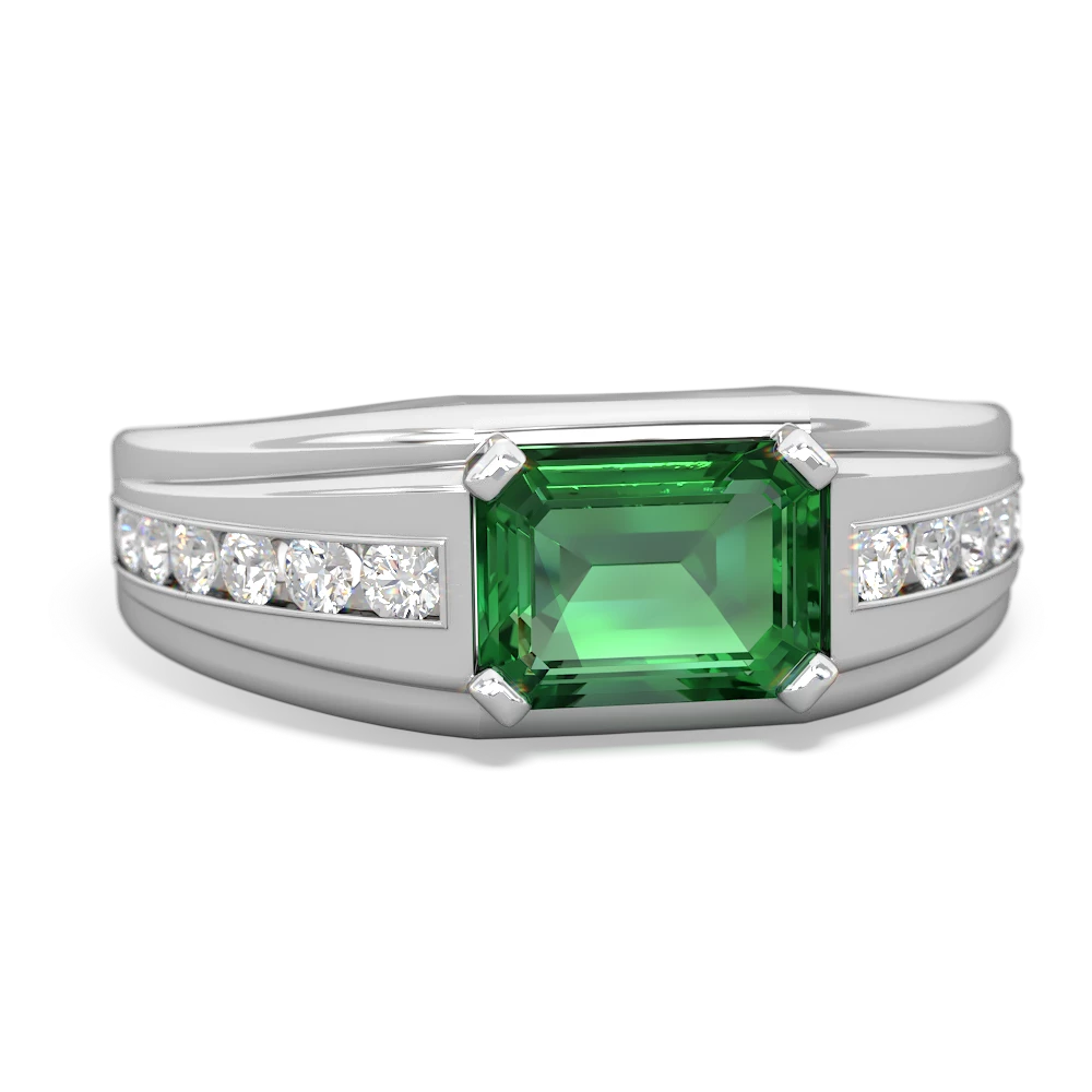 Lab Emerald Men's Diamond Channel 14K White Gold ring R0500