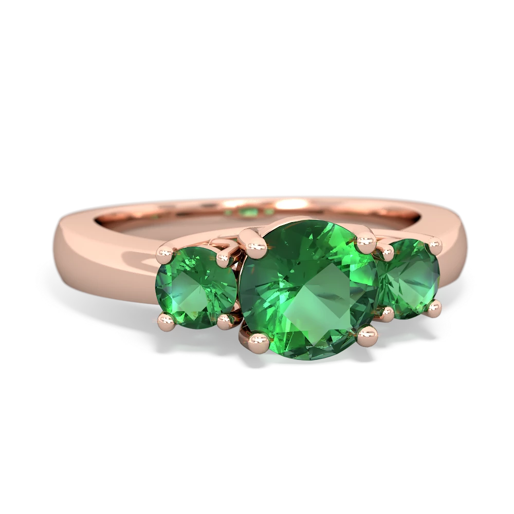 Lab Emerald Three Stone Round Trellis 14K Rose Gold ring R4018