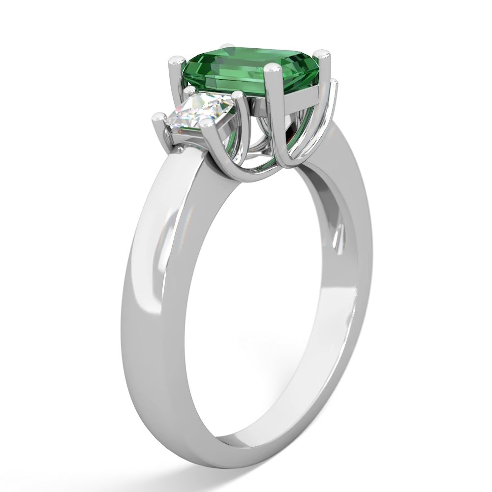 Lab Emerald Diamond Three Stone Emerald-Cut Trellis 14K White Gold ring R4021