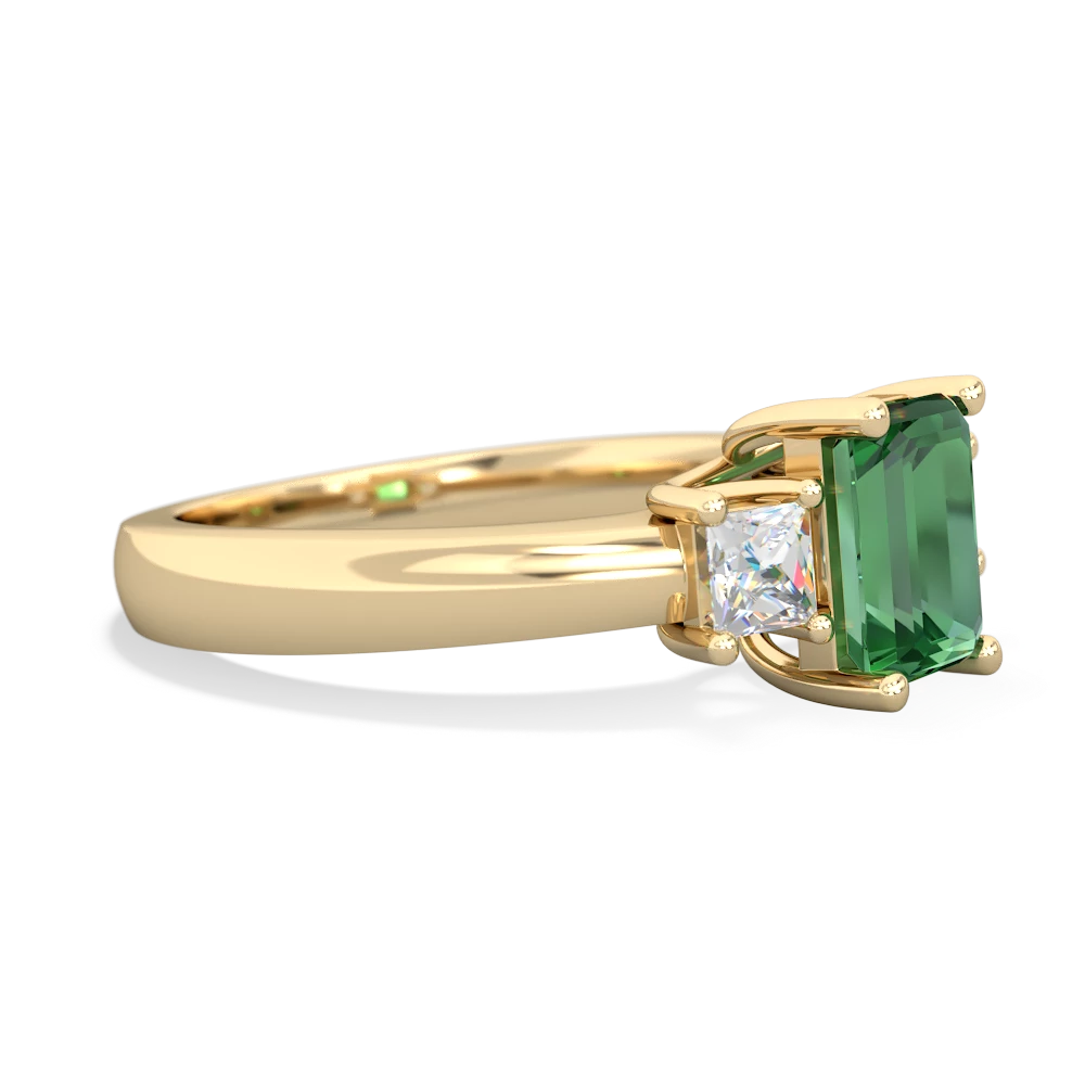 Lab Emerald Diamond Three Stone Emerald-Cut Trellis 14K Yellow Gold ring R4021