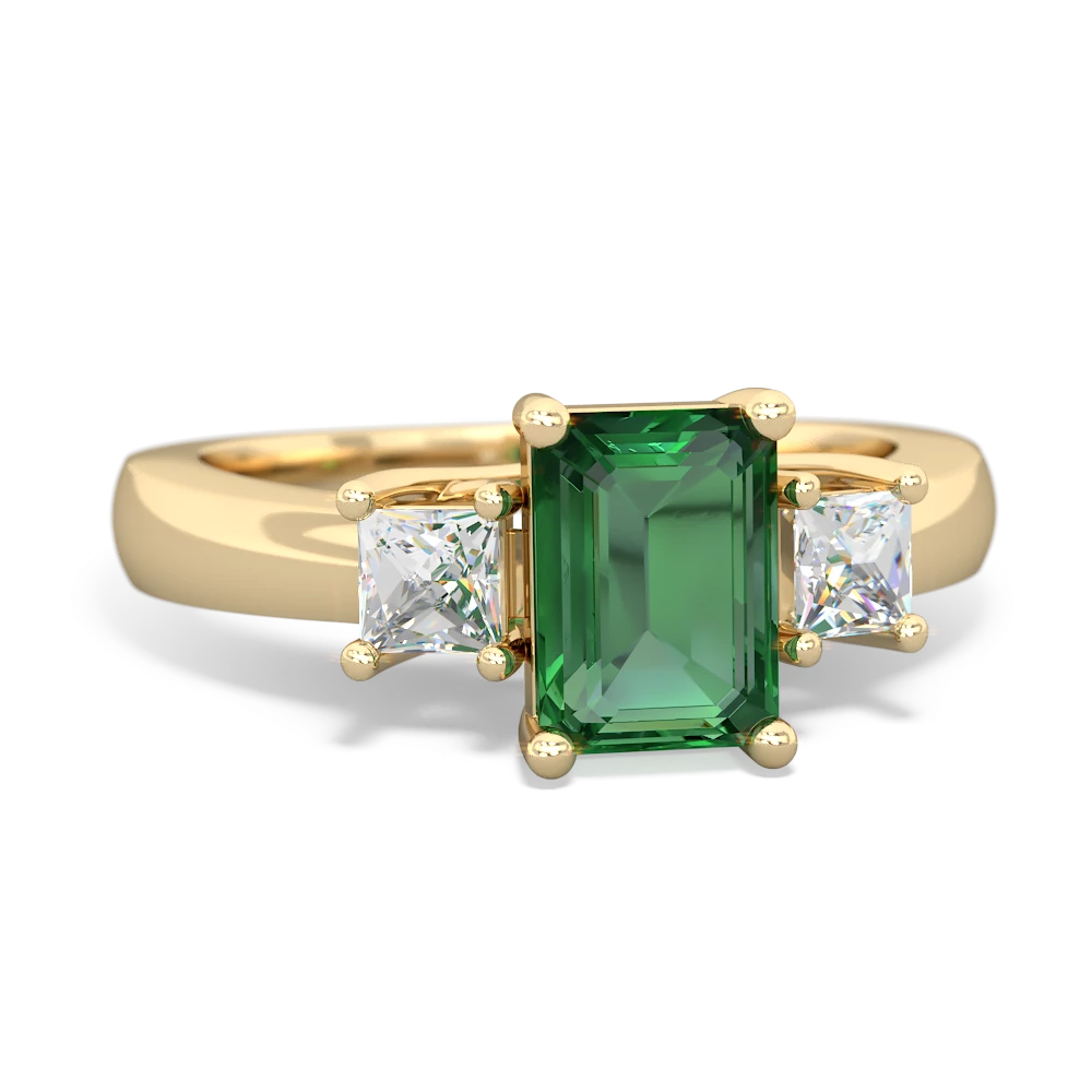 Lab Emerald Diamond Three Stone Emerald-Cut Trellis 14K Yellow Gold ring R4021