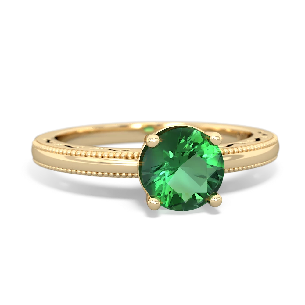 Lab Emerald Milgrain Filigree 14K Yellow Gold ring R5090