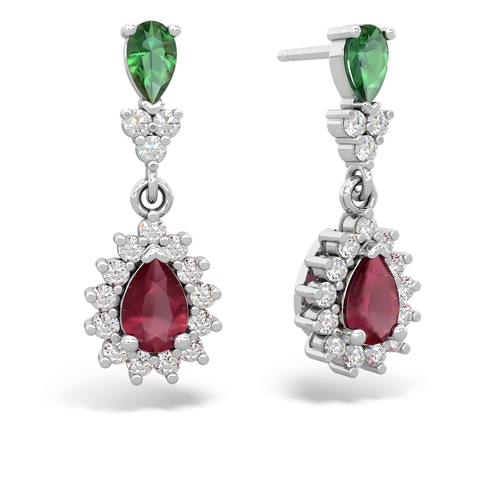 Lab Emerald Halo Pear Dangle 14K White Gold earrings E1882