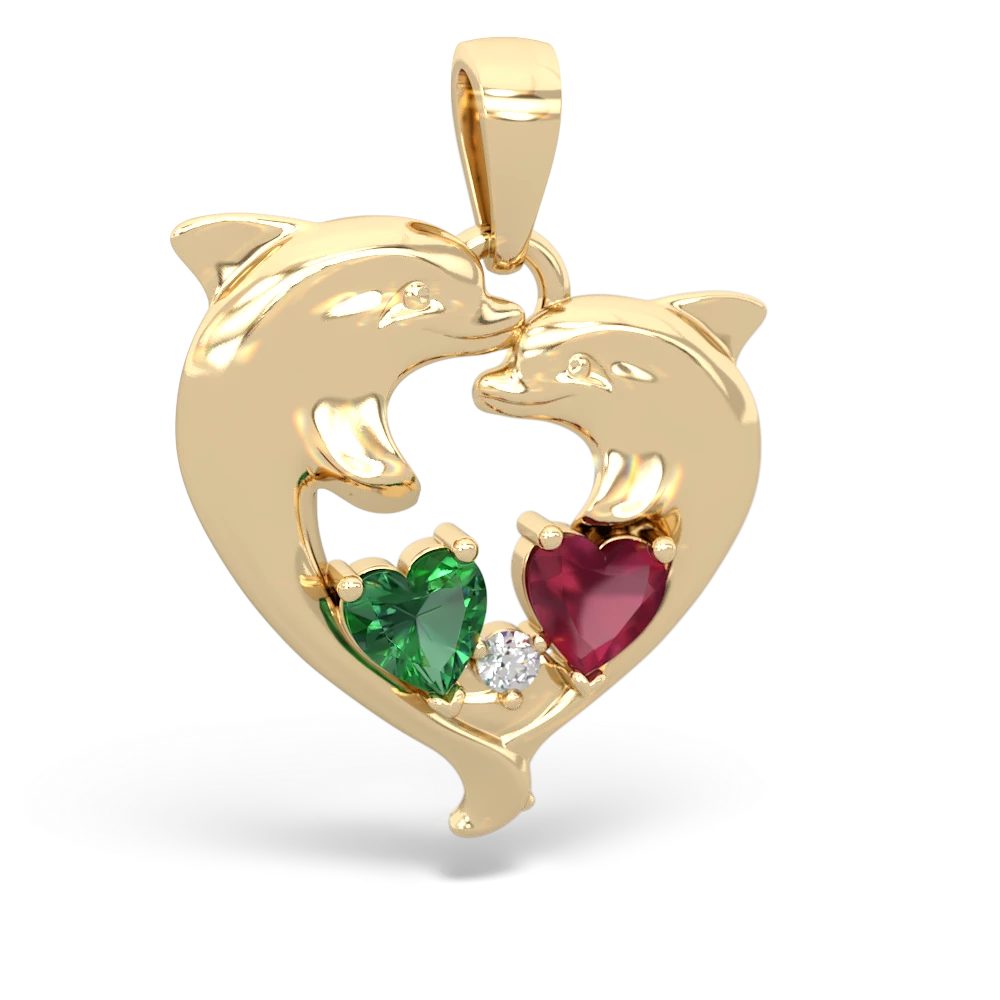 Lab Emerald Dolphin Heart 14K Yellow Gold pendant P5820