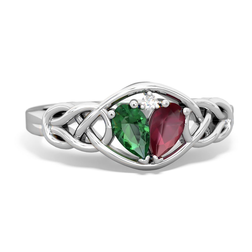 Lab Emerald Celtic Love Knot 14K White Gold ring R5420