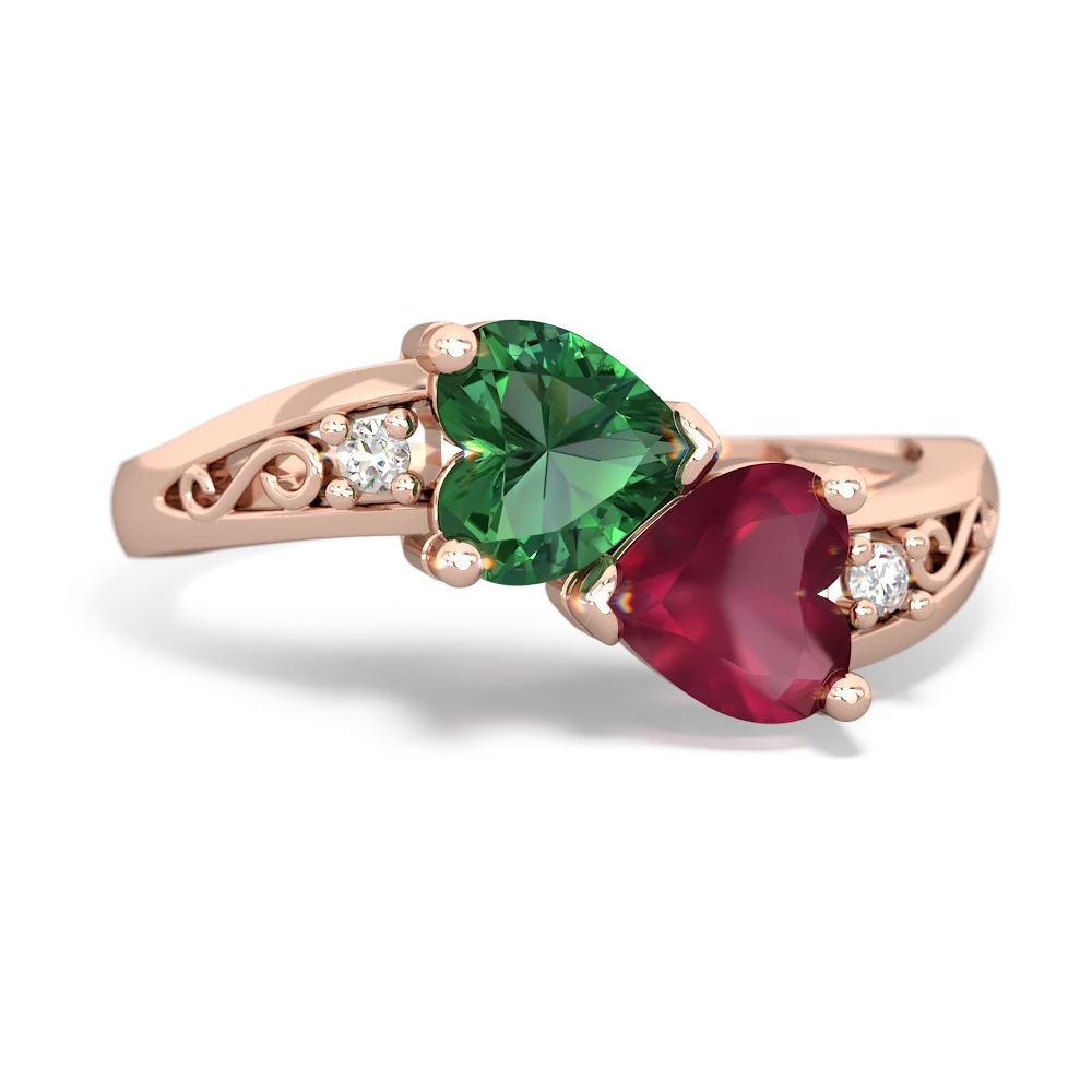 Lab Emerald Snuggling Hearts 14K Rose Gold ring R2178