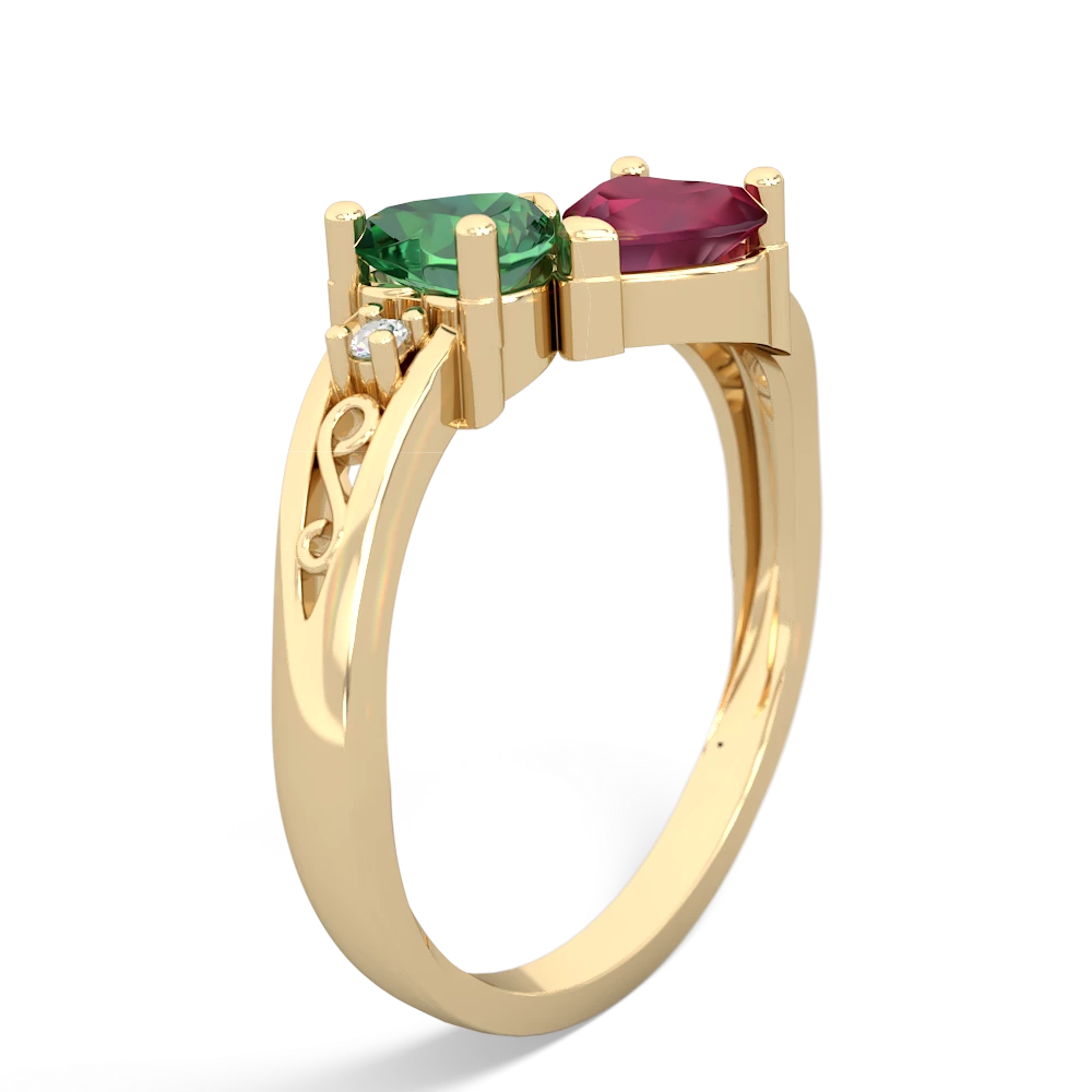 Lab Emerald Snuggling Hearts 14K Yellow Gold ring R2178