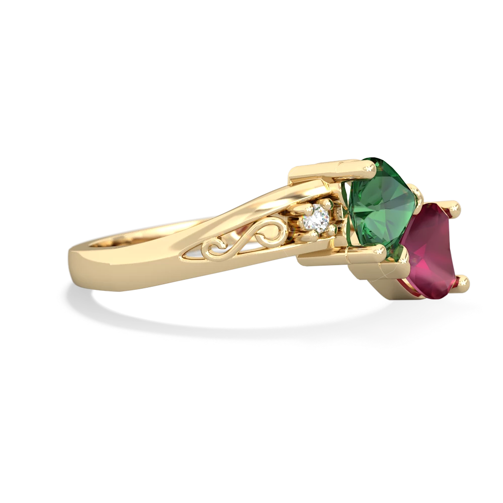 Lab Emerald Snuggling Hearts 14K Yellow Gold ring R2178