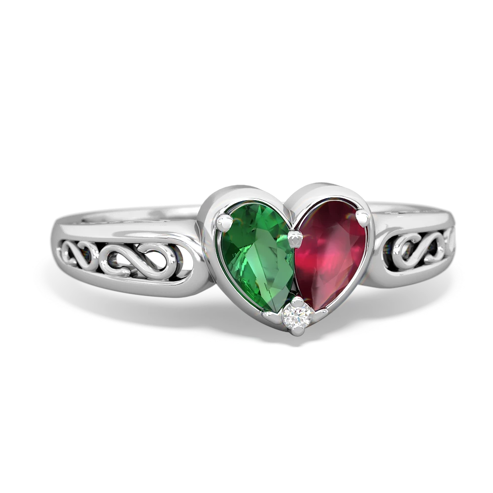 Lab Emerald Filligree 'One Heart' 14K White Gold ring R5070