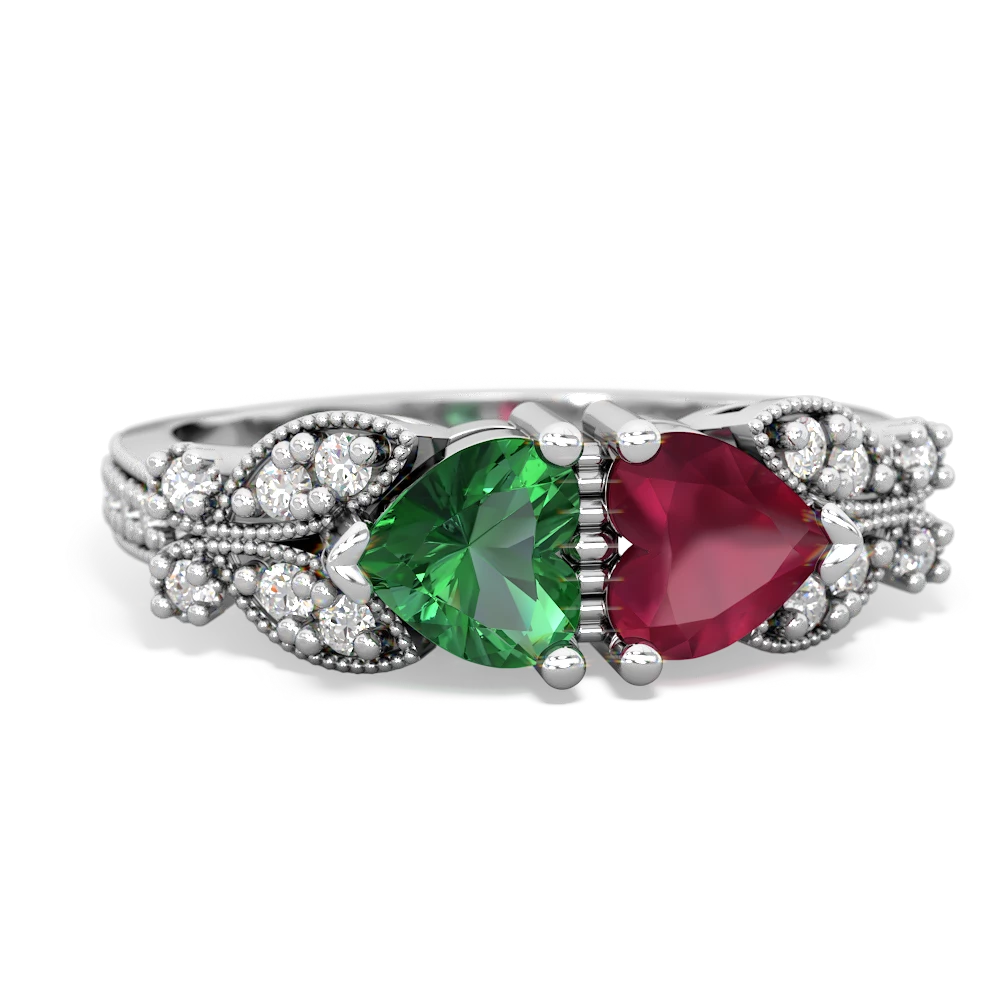 Lab Emerald Diamond Butterflies 14K White Gold ring R5601