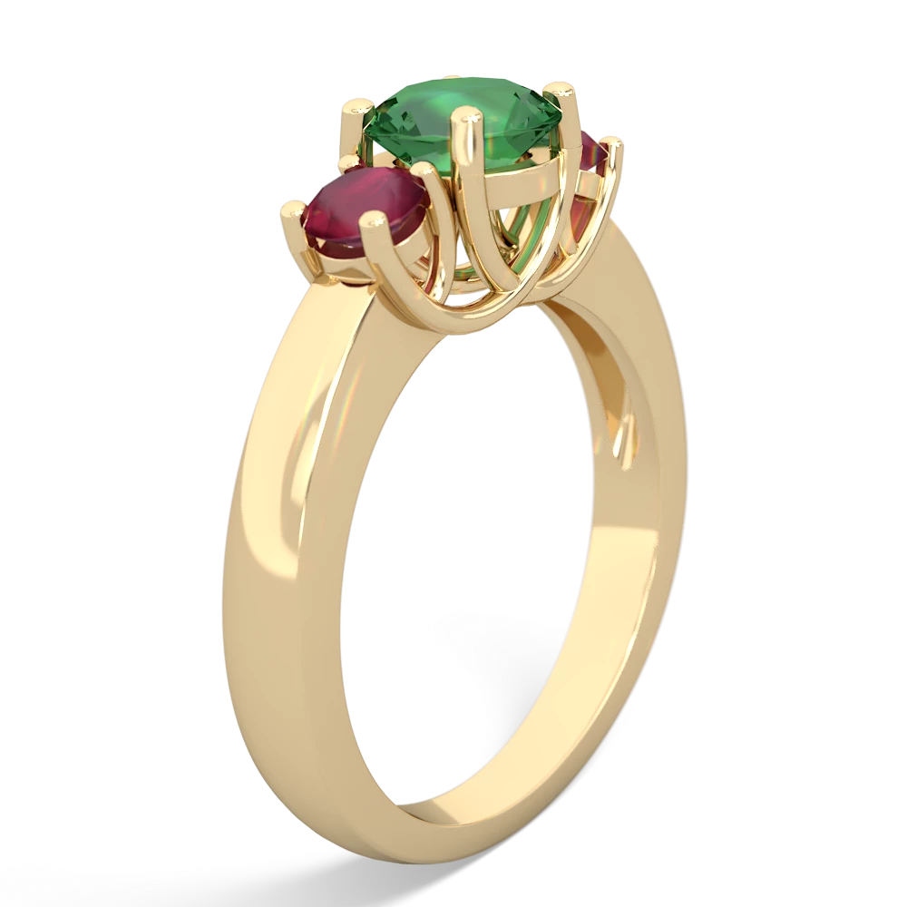 Lab Emerald Three Stone Round Trellis 14K Yellow Gold ring R4018