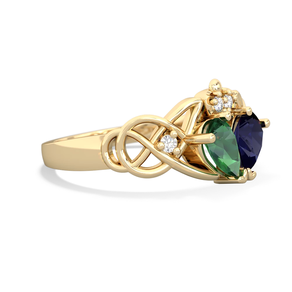 Lab Emerald 'One Heart' Celtic Knot Claddagh 14K Yellow Gold ring R5322