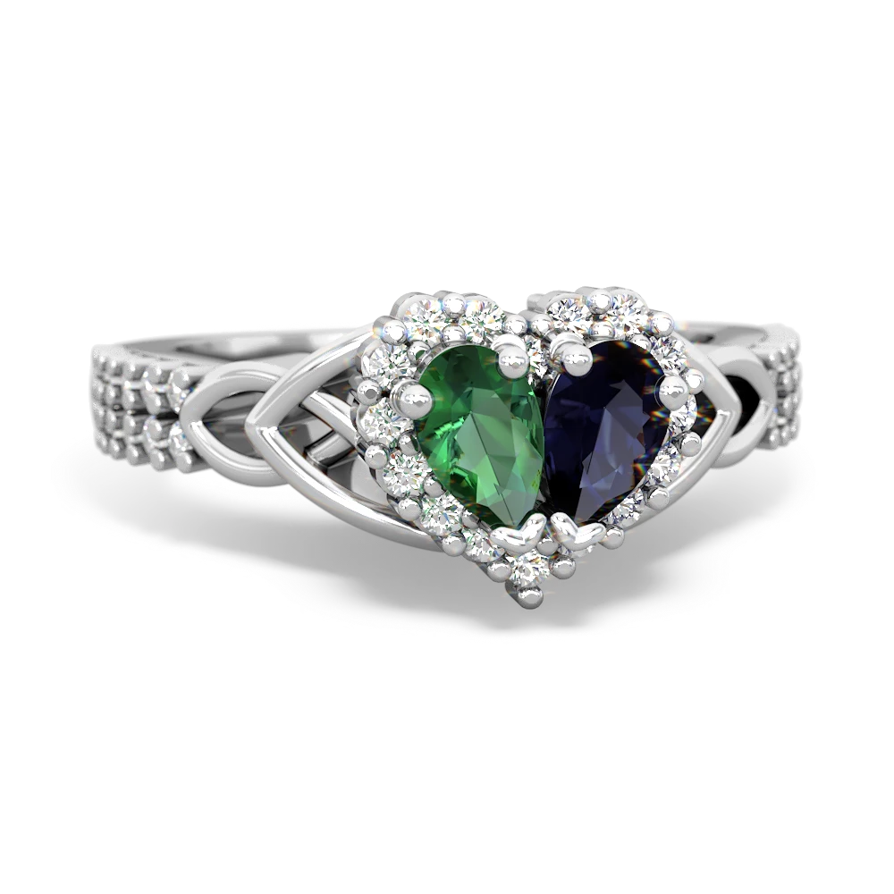 Lab Emerald Celtic Knot Two Hearts As One 14K White Gold ring R2644HRT