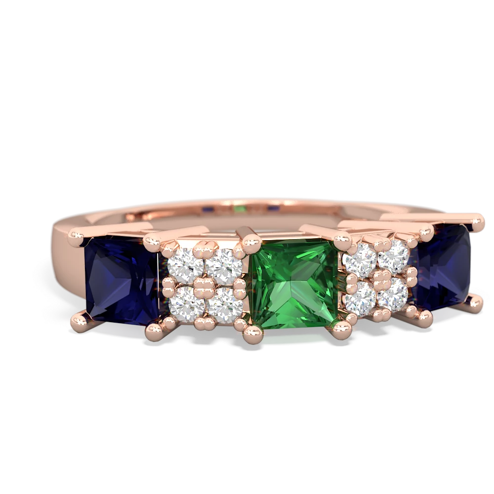 Lab Emerald Three Stone Diamond Cluster 14K Rose Gold ring R2592