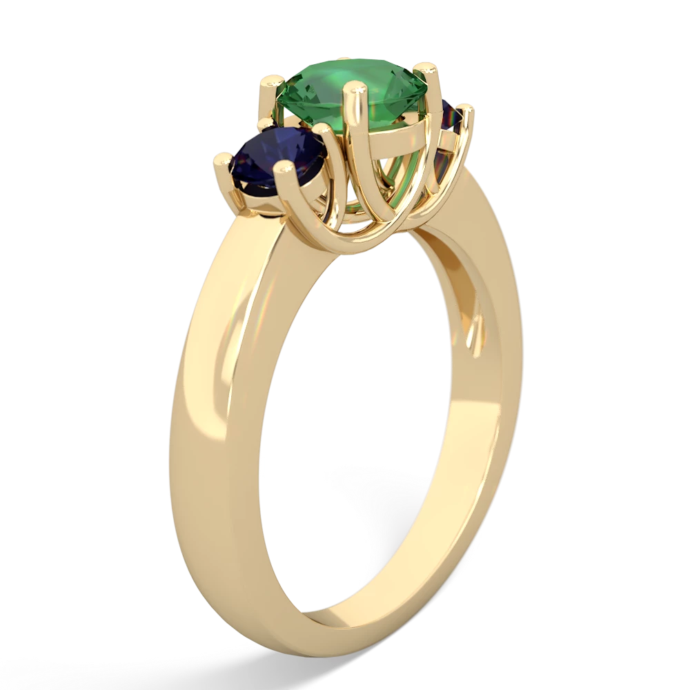 Lab Emerald Three Stone Round Trellis 14K Yellow Gold ring R4018