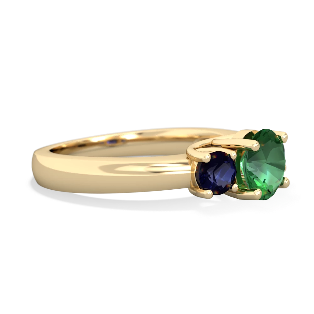 Lab Emerald Three Stone Round Trellis 14K Yellow Gold ring R4018