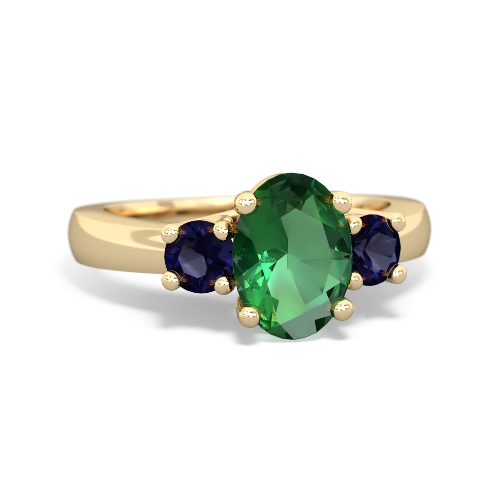 Lab Emerald Three Stone Oval Trellis 14K Yellow Gold ring R4024