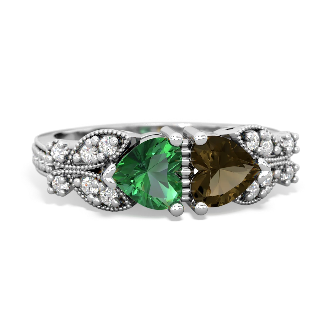 Lab Emerald Diamond Butterflies 14K White Gold ring R5601