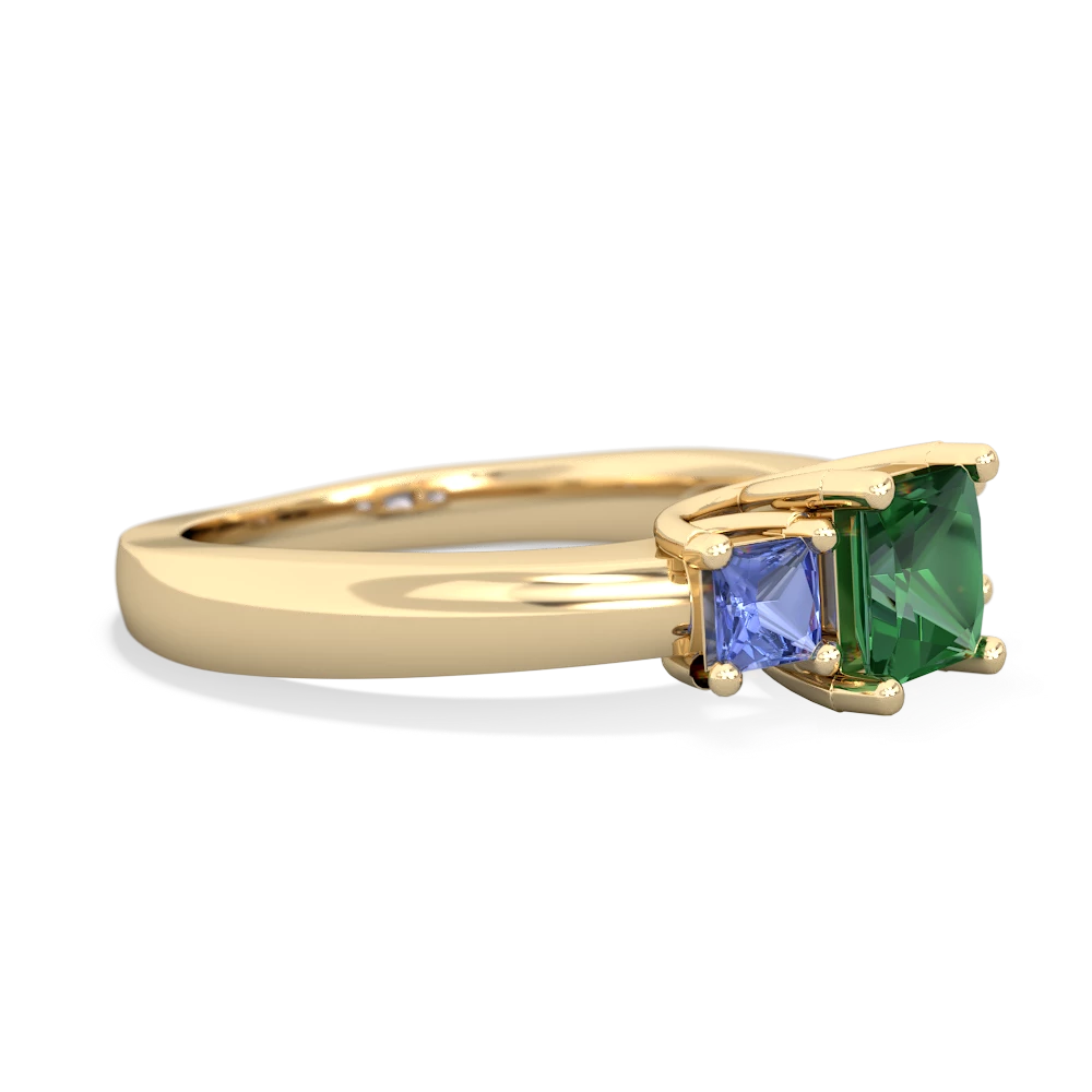 Lab Emerald Three Stone Trellis 14K Yellow Gold ring R4015