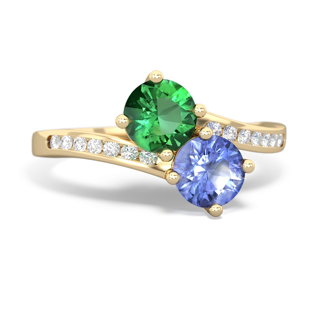 Lab Emerald Channel Set Two Stone 14K Yellow Gold ring R5303