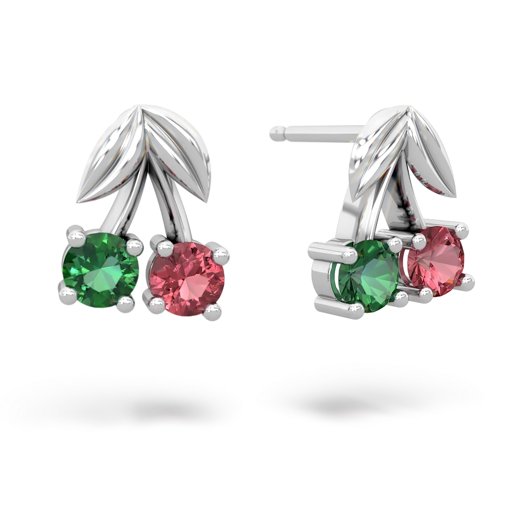 Lab Emerald Pink Tourmaline Sweet Cherries earrings - 14K White