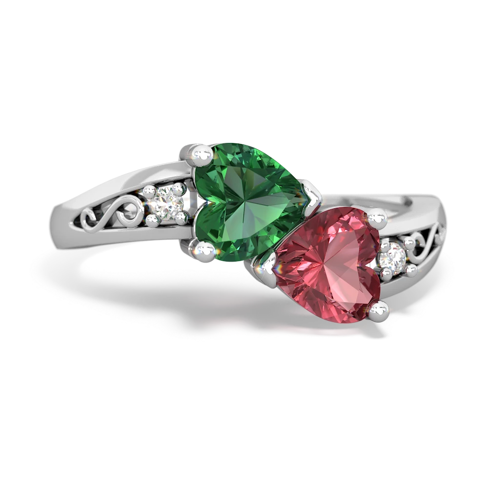 Lab Emerald Snuggling Hearts 14K White Gold ring R2178