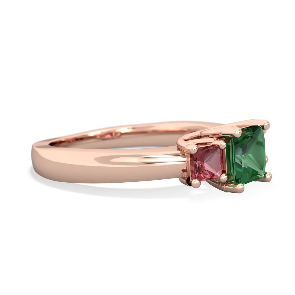 Lab Emerald Three Stone Trellis 14K Rose Gold ring R4015