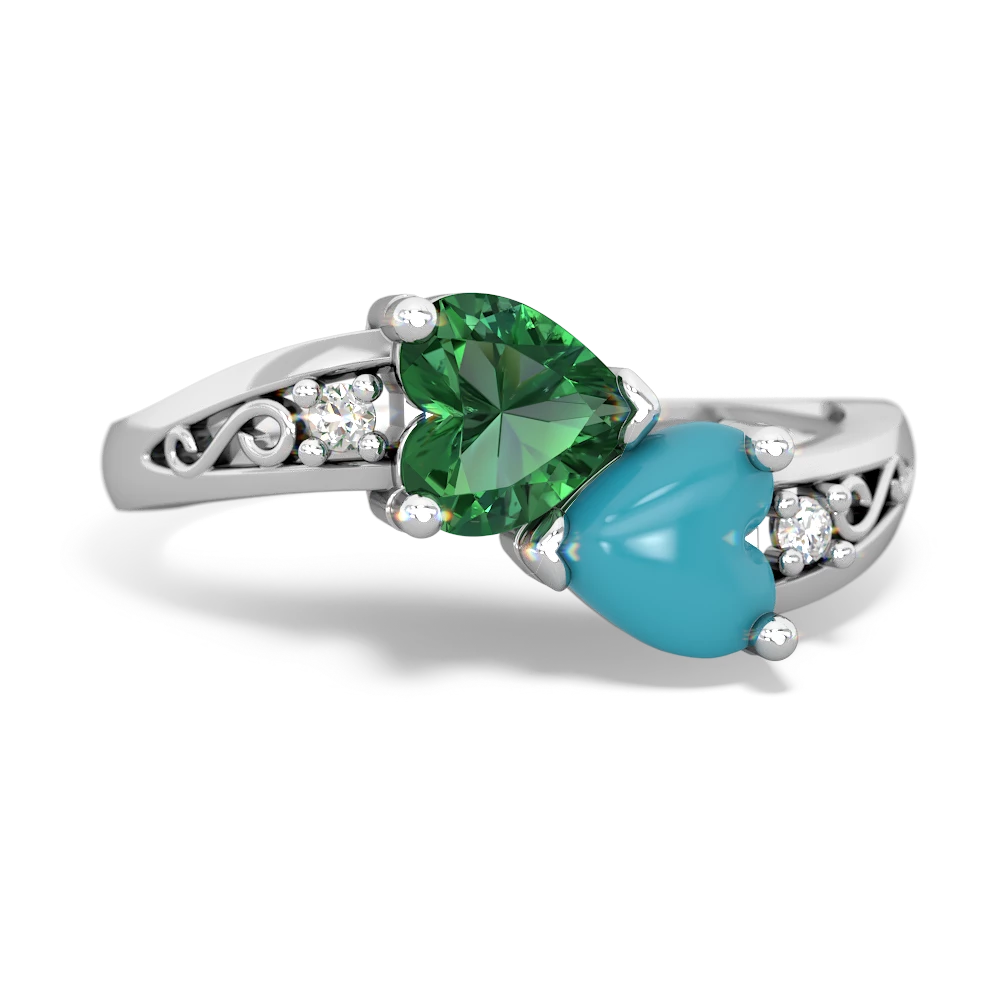 Lab Emerald Snuggling Hearts 14K White Gold ring R2178