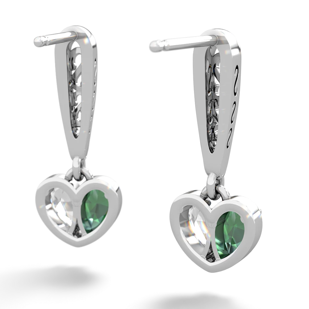 Lab Emerald Filligree Heart 14K White Gold earrings E5070